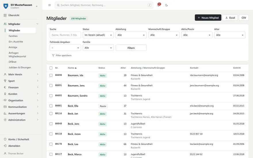 Mitgliederliste mit Filtern nach Status, Abteilung und Mannschaft