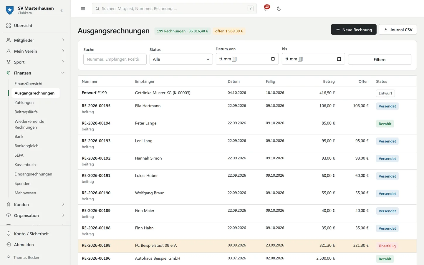 Liste der Ausgangsrechnungen mit Status bezahlt, offen und überfällig
